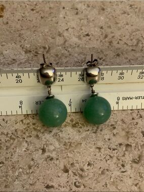 Silver Drop Earrings with Jade Green Stone Spheres